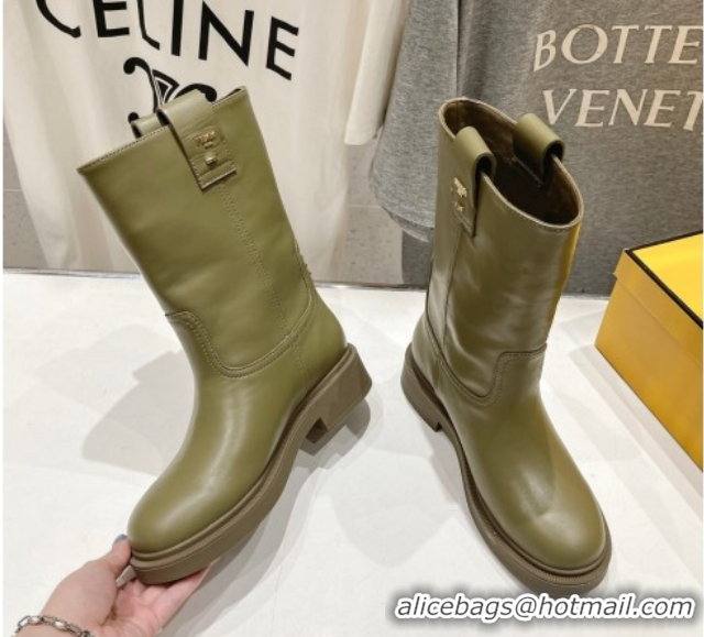 Most Popular Fendi Filo Flat Ankle Boots in Calf Leather Green 2025 FE103004 1030028