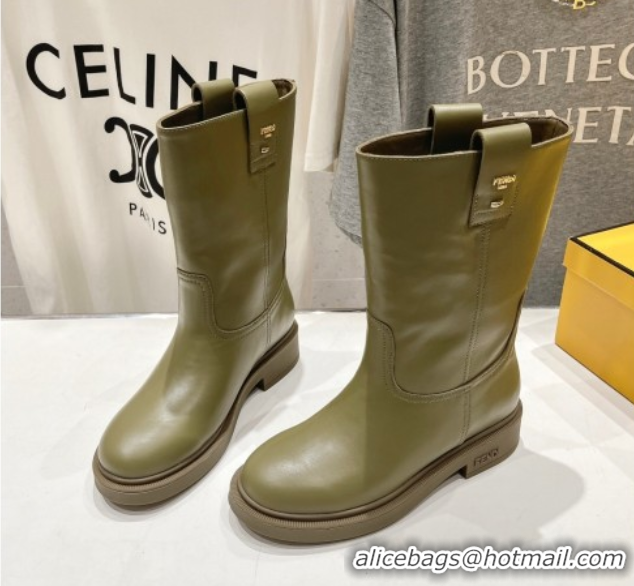 Most Popular Fendi Filo Flat Ankle Boots in Calf Leather Green 2025 FE103004 1030028