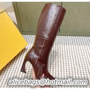 Stylish Fendi Arco Heel High Boots 9.5cm in Hagfish Embossed Leather Dark Brown 1030032