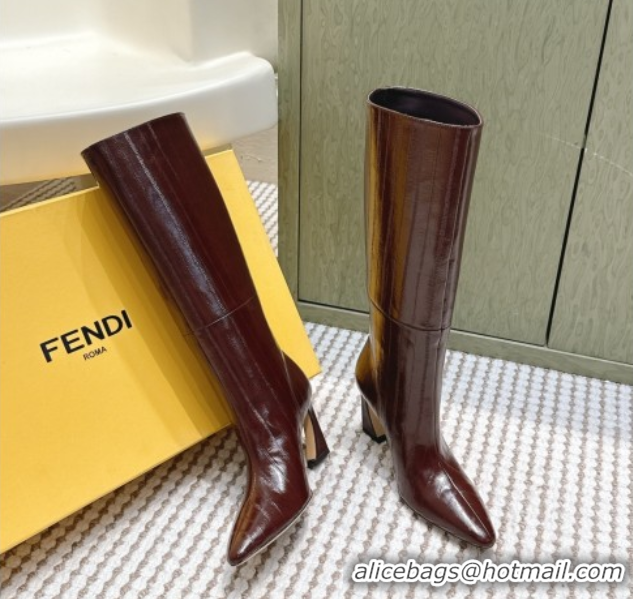 Stylish Fendi Arco Heel High Boots 9.5cm in Hagfish Embossed Leather Dark Brown 1030032
