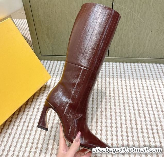 Stylish Fendi Arco Heel High Boots 9.5cm in Hagfish Embossed Leather Dark Brown 1030032