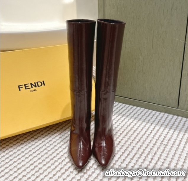 Stylish Fendi Arco Heel High Boots 9.5cm in Hagfish Embossed Leather Dark Brown 1030032