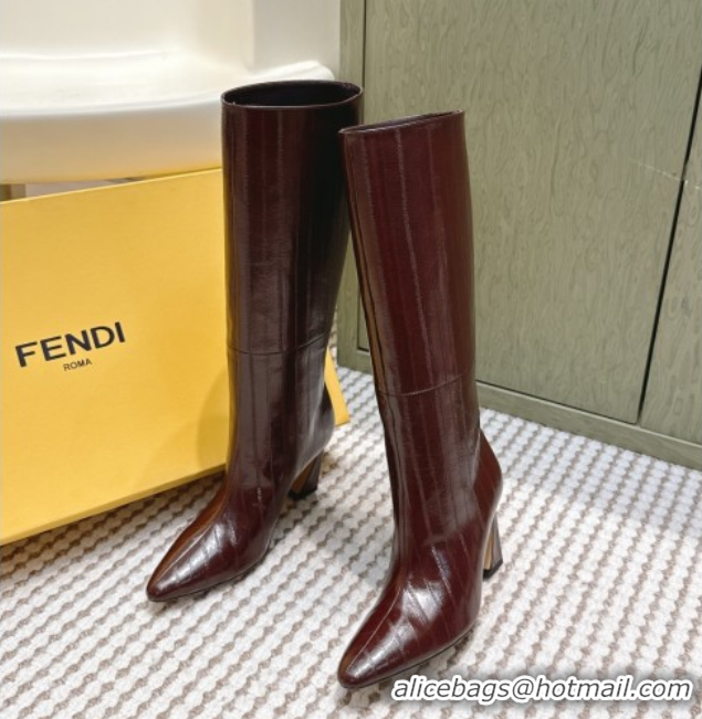 Stylish Fendi Arco Heel High Boots 9.5cm in Hagfish Embossed Leather Dark Brown 1030032