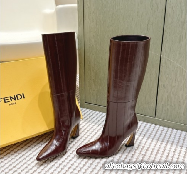 Stylish Fendi Arco Heel High Boots 9.5cm in Hagfish Embossed Leather Dark Brown 1030032