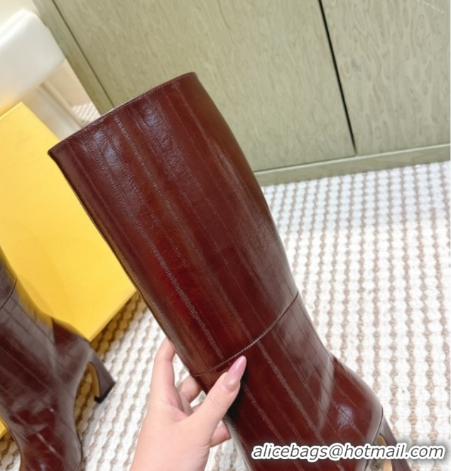 Stylish Fendi Arco Heel High Boots 9.5cm in Hagfish Embossed Leather Dark Brown 1030032