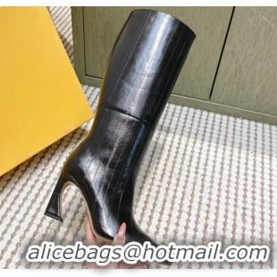 Sumptuous Fendi Arco Heel High Boots 9.5cm in Hagfish Embossed Leather Black 1030033