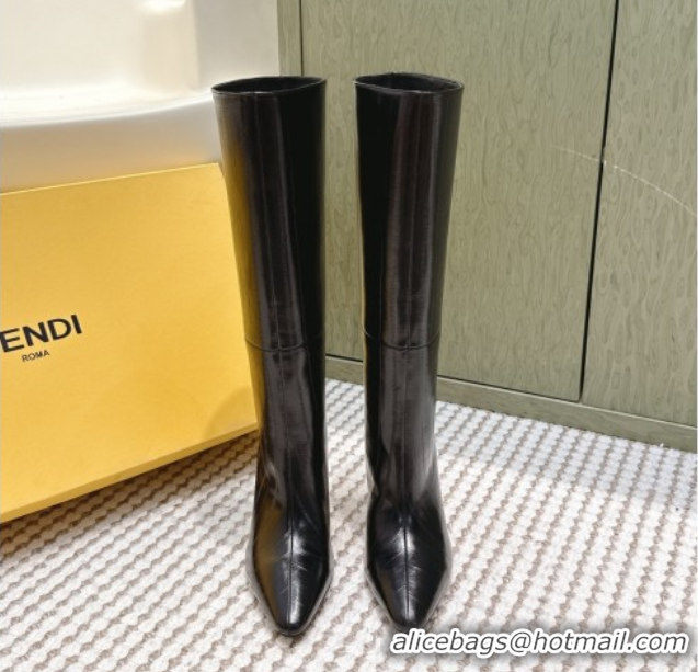 Sumptuous Fendi Arco Heel High Boots 9.5cm in Hagfish Embossed Leather Black 1030033