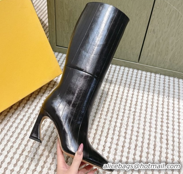 Sumptuous Fendi Arco Heel High Boots 9.5cm in Hagfish Embossed Leather Black 1030033