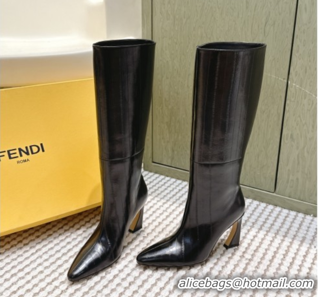 Sumptuous Fendi Arco Heel High Boots 9.5cm in Hagfish Embossed Leather Black 1030033