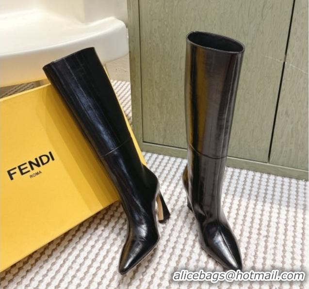 Sumptuous Fendi Arco Heel High Boots 9.5cm in Hagfish Embossed Leather Black 1030033