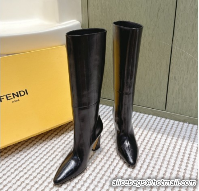 Sumptuous Fendi Arco Heel High Boots 9.5cm in Hagfish Embossed Leather Black 1030033