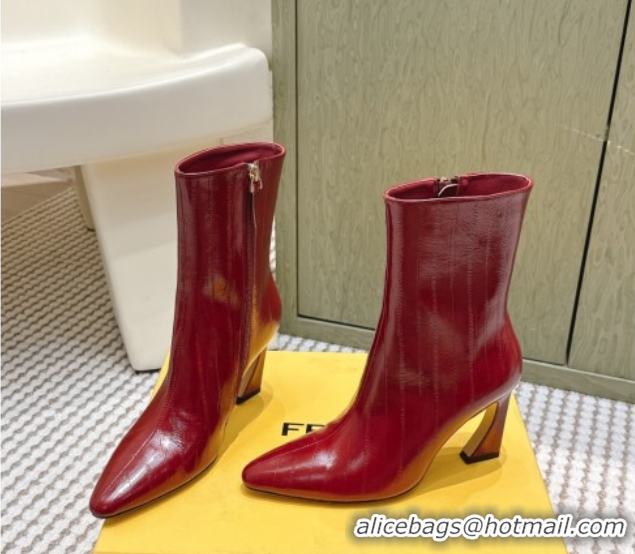Good Quality Fendi Arco Heel Ankle Boots 9.5cm in Hagfish Embossed Leather Red 1030035