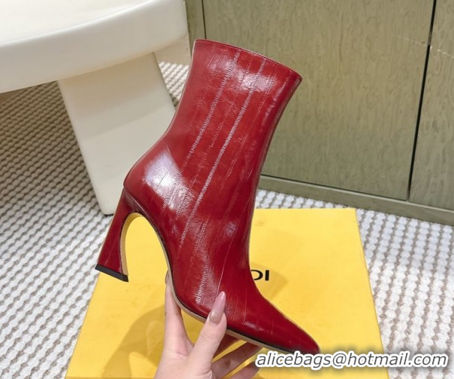 Good Quality Fendi Arco Heel Ankle Boots 9.5cm in Hagfish Embossed Leather Red 1030035
