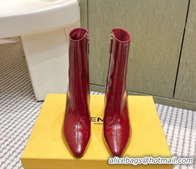 Good Quality Fendi Arco Heel Ankle Boots 9.5cm in Hagfish Embossed Leather Red 1030035