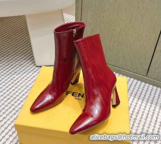 Good Quality Fendi Arco Heel Ankle Boots 9.5cm in Hagfish Embossed Leather Red 1030035