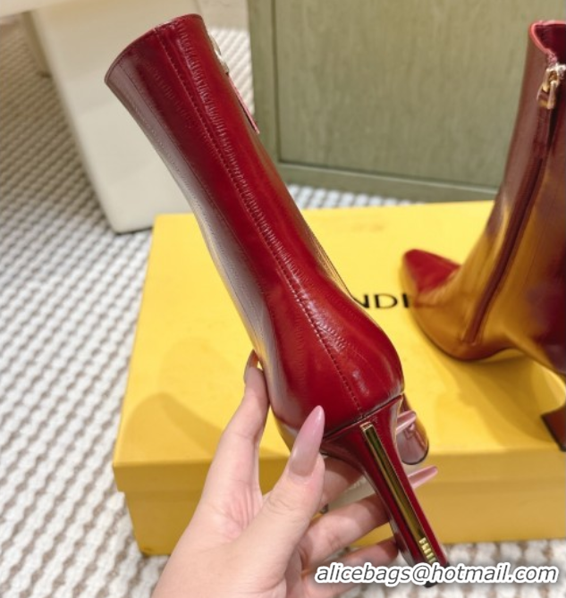 Good Quality Fendi Arco Heel Ankle Boots 9.5cm in Hagfish Embossed Leather Red 1030035