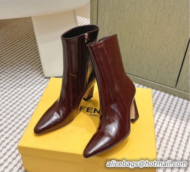Good Product Fendi Arco Heel Ankle Boots 9.5cm in Hagfish Embossed Leather Dark Brown 1030036