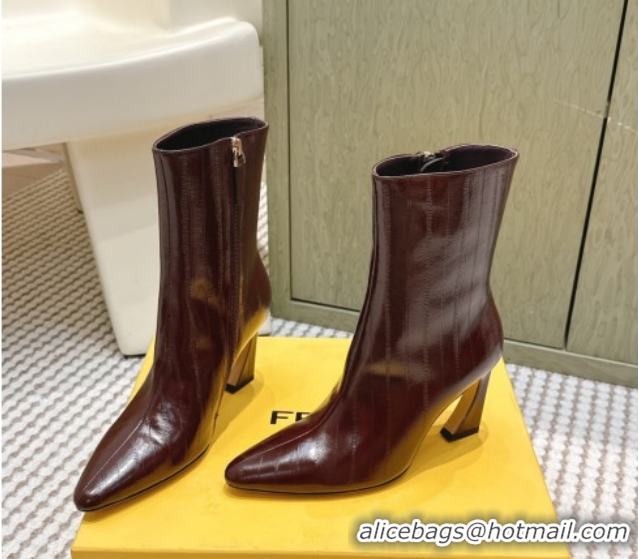 Good Product Fendi Arco Heel Ankle Boots 9.5cm in Hagfish Embossed Leather Dark Brown 1030036