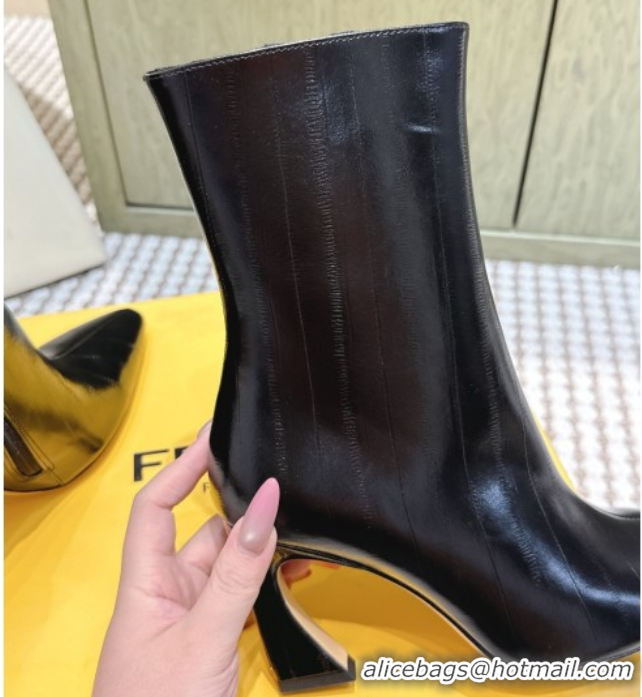 Duplicate Fendi Arco Heel Ankle Boots 9.5cm in Hagfish Embossed Leather Black 1030038