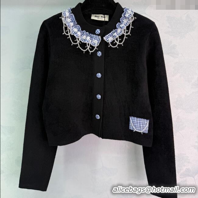 Luxury Discount Miu Miu Wool Cardigan with Plaid Trim M110504 Black 2025