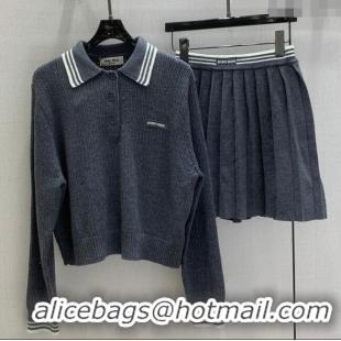 ​Grade Design Miu Miu Wool Knit Polo Shirt and Skirt Set M110506 Grey 2025