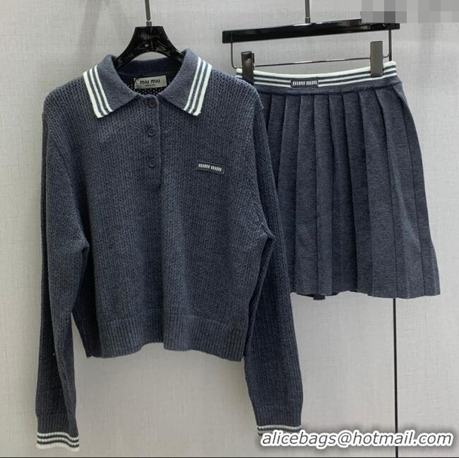 ​Grade Design Miu Miu Wool Knit Polo Shirt and Skirt Set M110506 Grey 2025