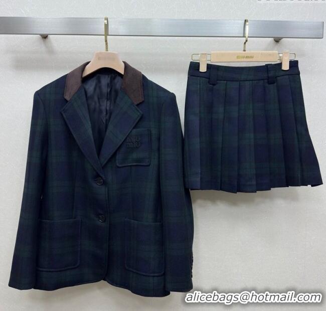 ​Grade Quality Miu Miu Plaid Jacket and Skirt Set M110512 Green/Multicolor 2025