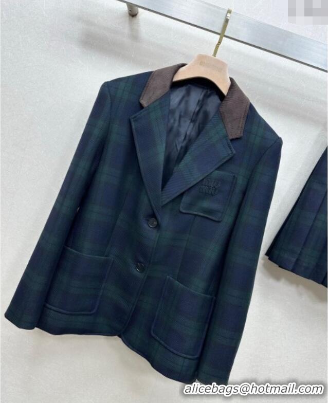 ​Grade Quality Miu Miu Plaid Jacket and Skirt Set M110512 Green/Multicolor 2025