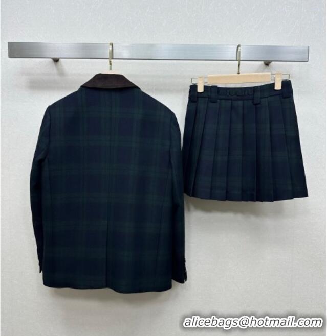 ​Grade Quality Miu Miu Plaid Jacket and Skirt Set M110512 Green/Multicolor 2025