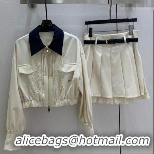​Luxury Cheap Miu Miu Lace Trim Jacket and Skirt Set M110513 White 2025
