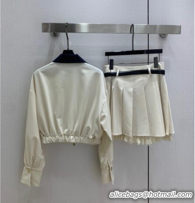 ​Luxury Cheap Miu Miu Lace Trim Jacket and Skirt Set M110513 White 2025