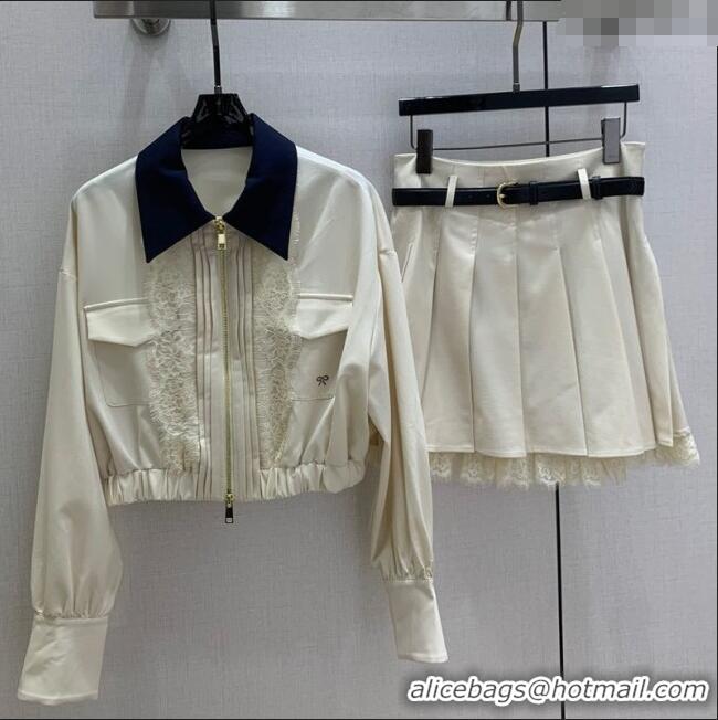 ​Luxury Cheap Miu Miu Lace Trim Jacket and Skirt Set M110513 White 2025