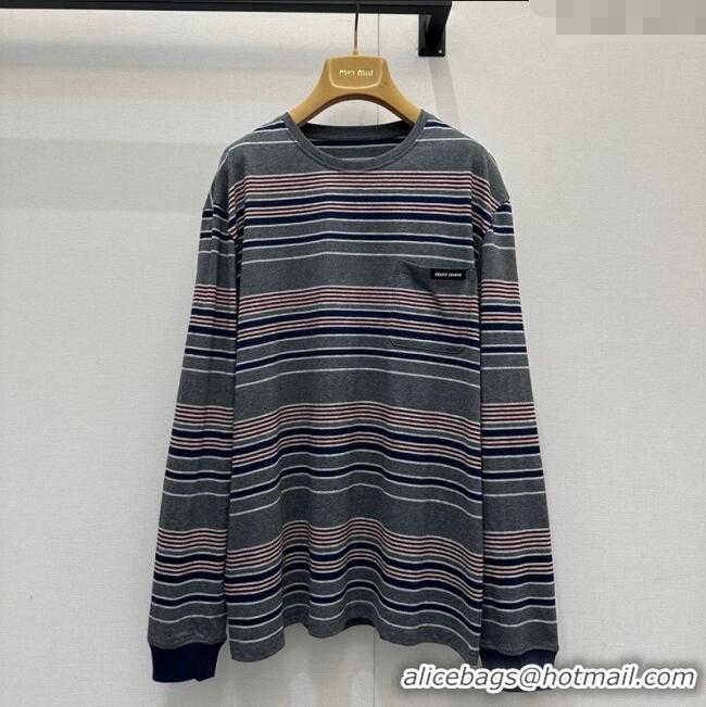 ​Luxury Cheap Miu Miu Striped T-Shirt M110516 Grey/Pink 2025