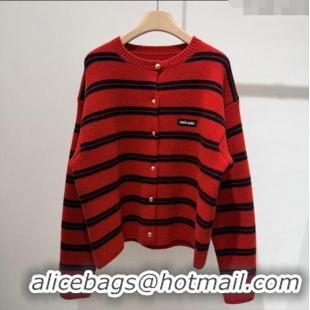 Luxury Cheap Miu Miu Wool Cashmere Striped Cardigan M110541 Red 2025