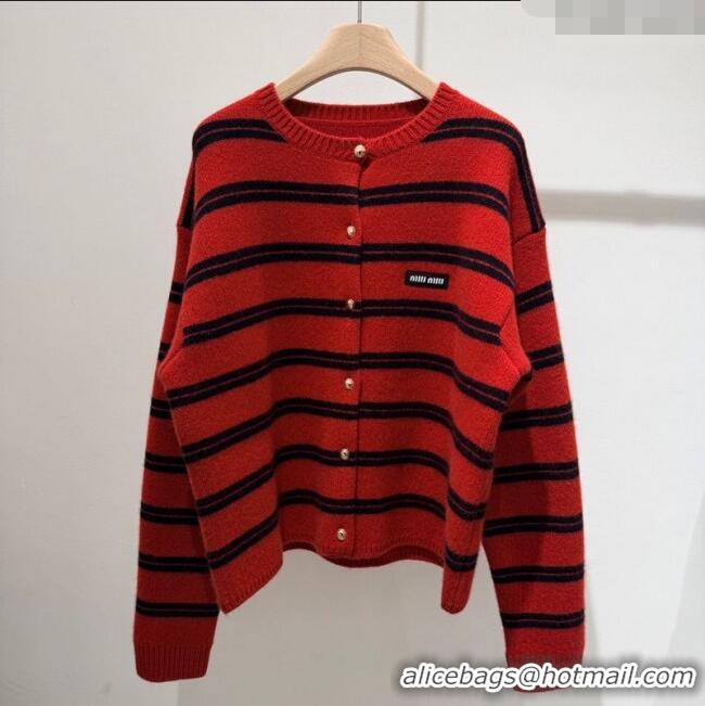 Luxury Cheap Miu Miu Wool Cashmere Striped Cardigan M110541 Red 2025