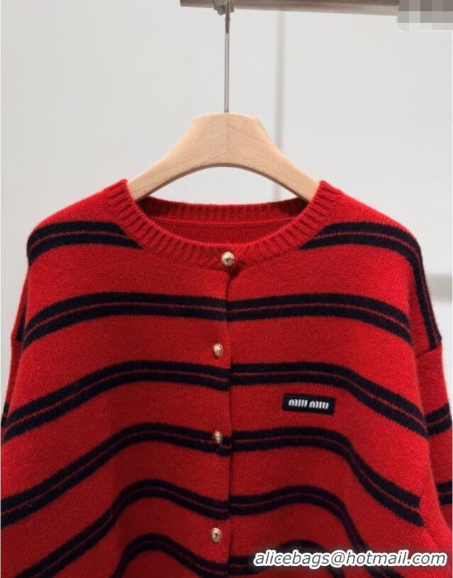 Luxury Cheap Miu Miu Wool Cashmere Striped Cardigan M110541 Red 2025