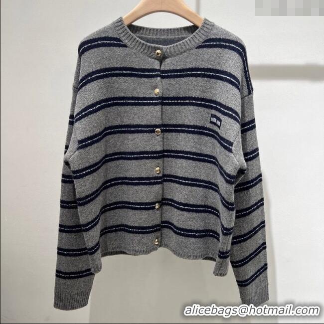 Top Quality Miu Miu Wool Cashmere Striped Cardigan M110541 Grey 2025