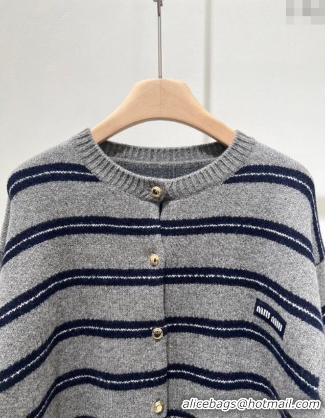 Top Quality Miu Miu Wool Cashmere Striped Cardigan M110541 Grey 2025