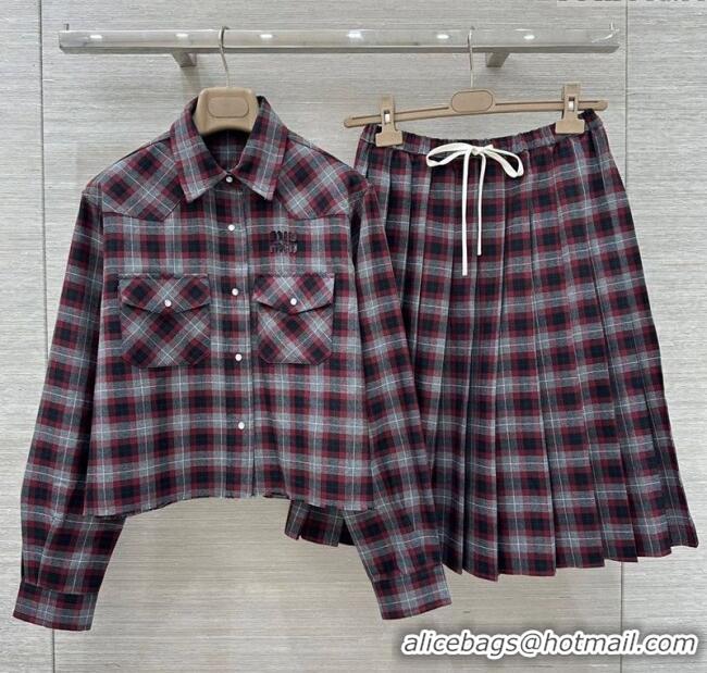 Buy Fashionable Miu Miu Plaid Shirt and Skirt Set MM111438 Red 2025