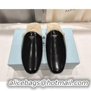 Sumptuous Prada Brushed Leather and Wool Flat Mules Black 1S008O 1027002
