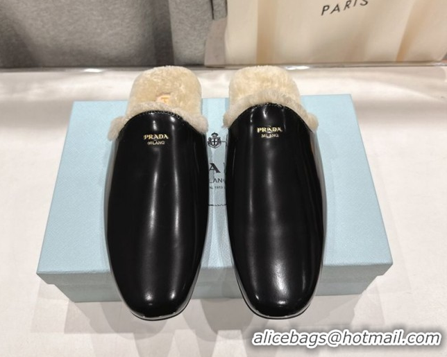 Sumptuous Prada Brushed Leather and Wool Flat Mules Black 1S008O 1027002