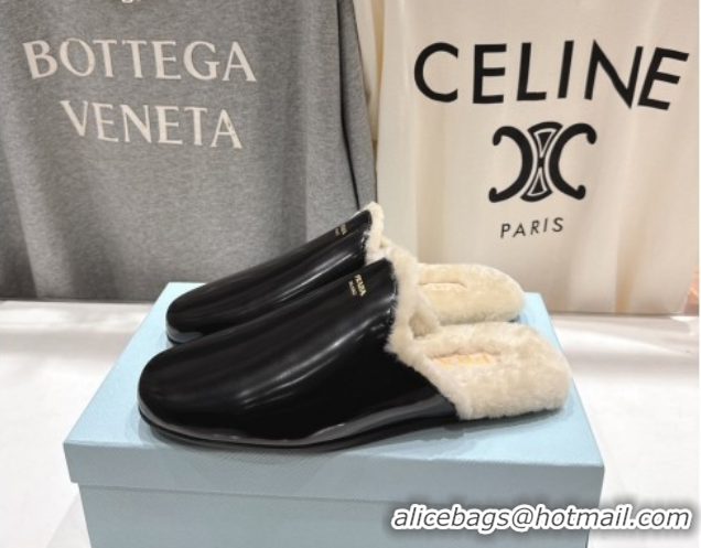 Sumptuous Prada Brushed Leather and Wool Flat Mules Black 1S008O 1027002