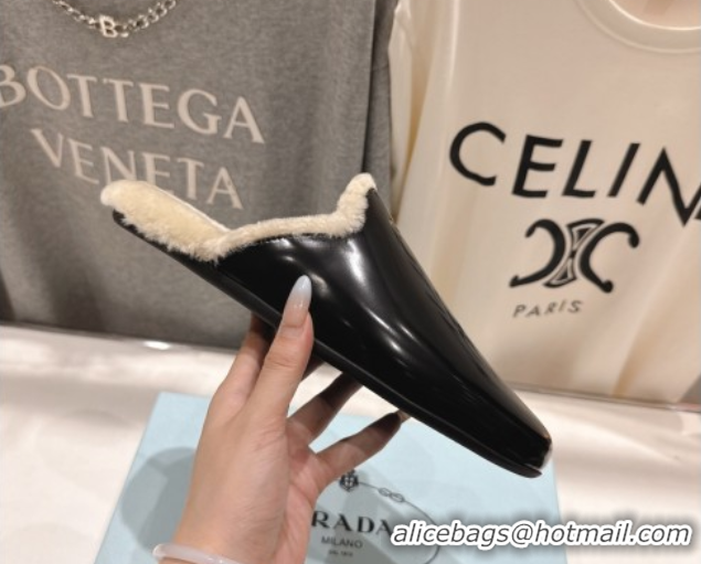 Sumptuous Prada Brushed Leather and Wool Flat Mules Black 1S008O 1027002