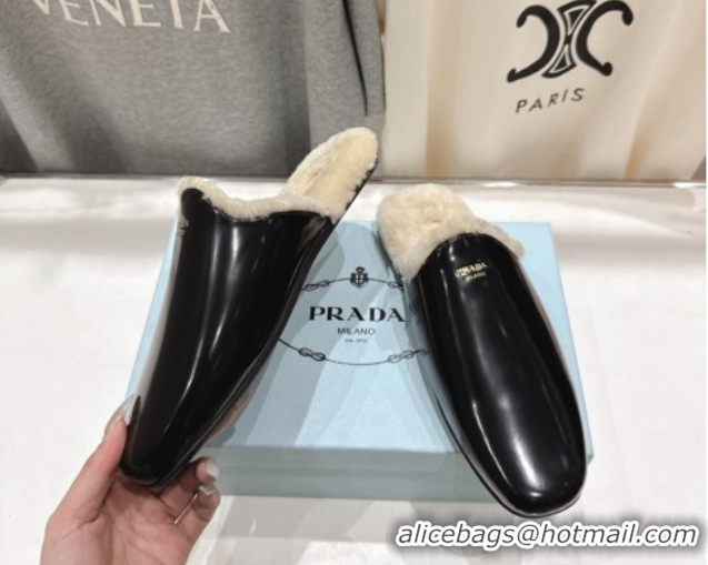 Sumptuous Prada Brushed Leather and Wool Flat Mules Black 1S008O 1027002