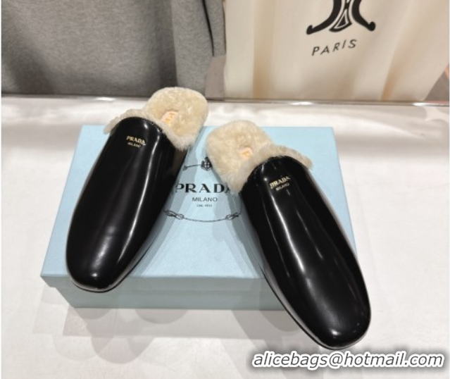 Sumptuous Prada Brushed Leather and Wool Flat Mules Black 1S008O 1027002