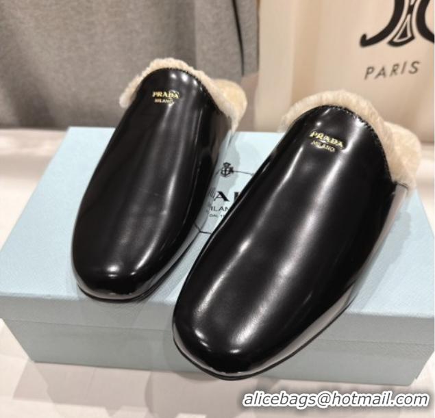 Sumptuous Prada Brushed Leather and Wool Flat Mules Black 1S008O 1027002
