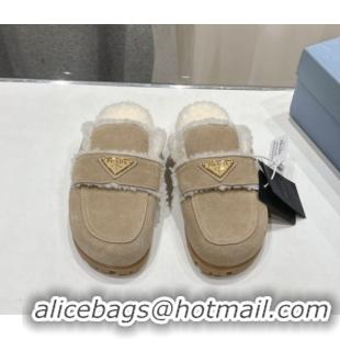 Stylish Prada Suede and Shearling Slippers Beige 2025 PR101107 1027003