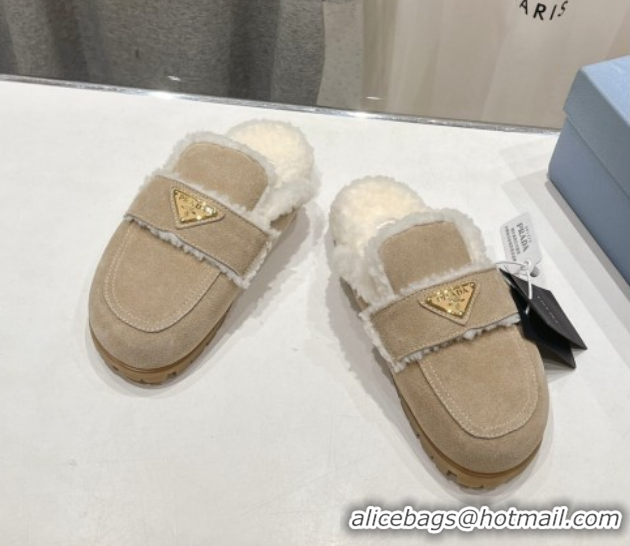 Stylish Prada Suede and Shearling Slippers Beige 2025 PR101107 1027003