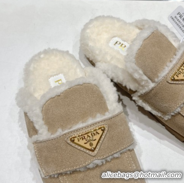 Stylish Prada Suede and Shearling Slippers Beige 2025 PR101107 1027003