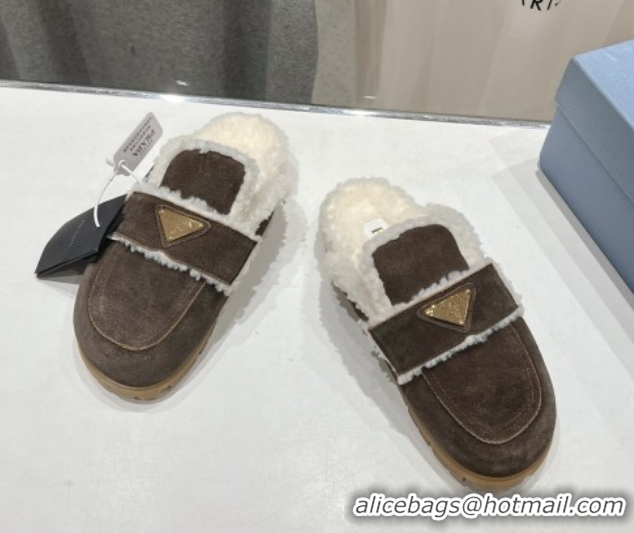 Sophisticated Prada Suede and Shearling Slippers Dark Brown 2025 PR101107 1027004